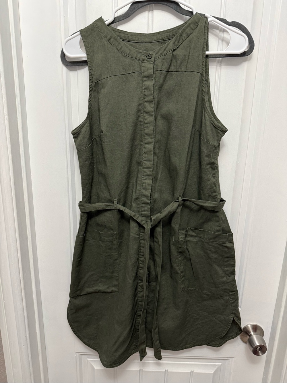 A New Day Women’s Sz Small Olive Green Linen Blend Shift Dress Waist Tie (23-9)